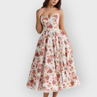 Italian Rose Print Tulle Midi Dress