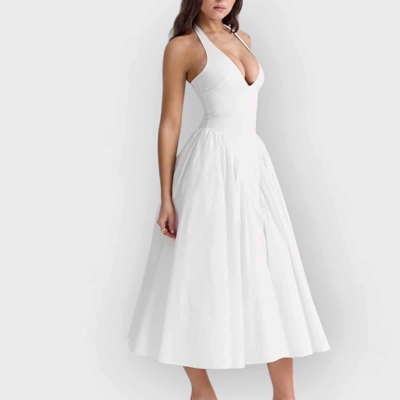 White Cotton Halter Midi Sundress