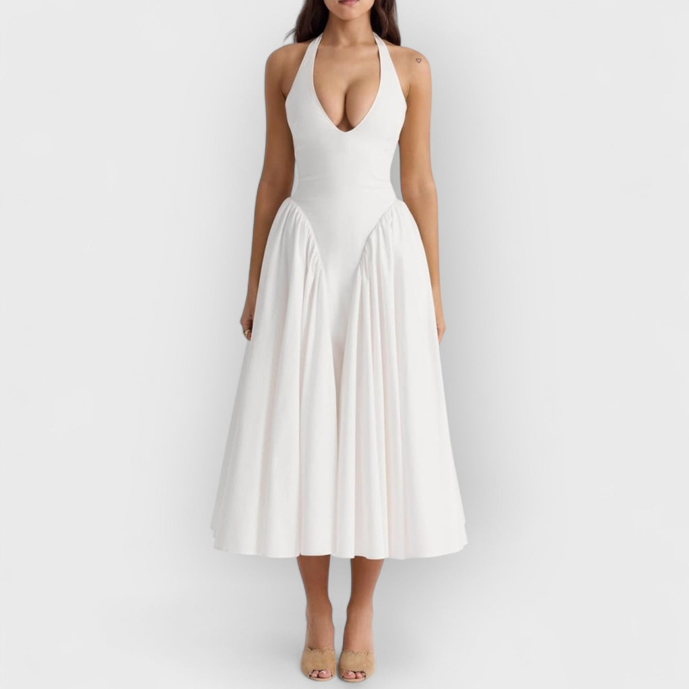 White Cotton Halter Midi Sundress