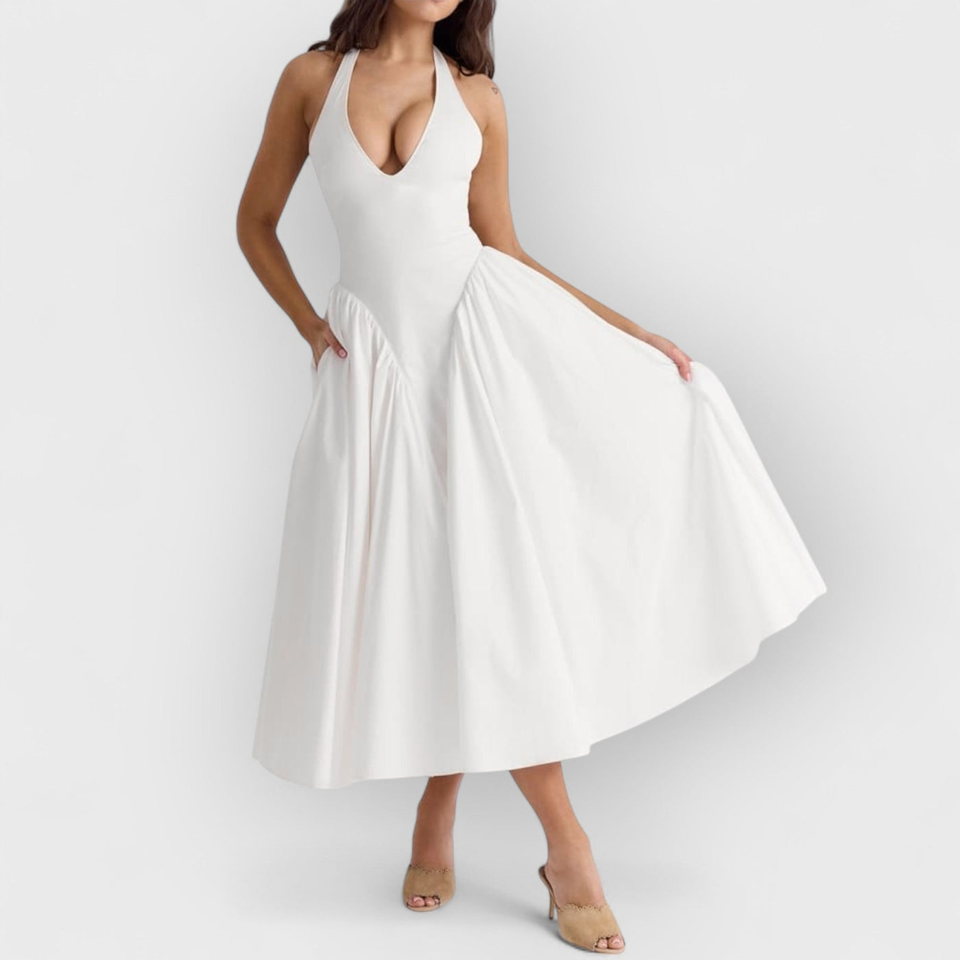 White Cotton Halter Midi Sundress