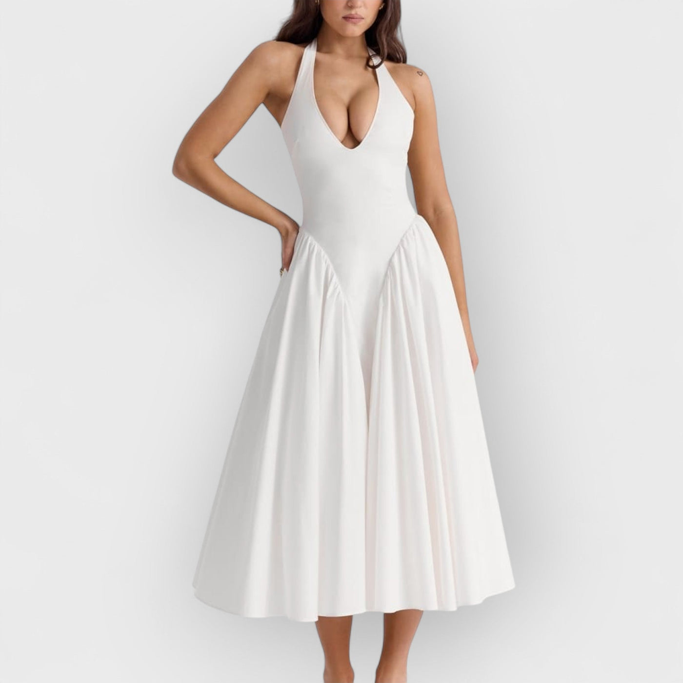 White Cotton Halter Midi Sundress