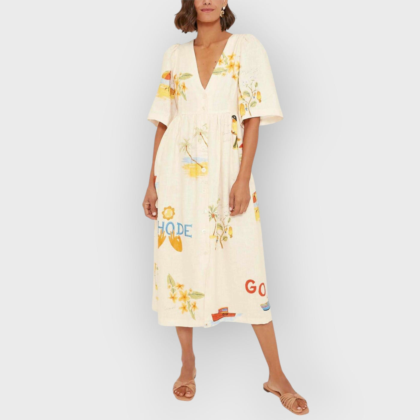 Unique Holiday Folk Floral Print Puff Sleeve Midi Dress