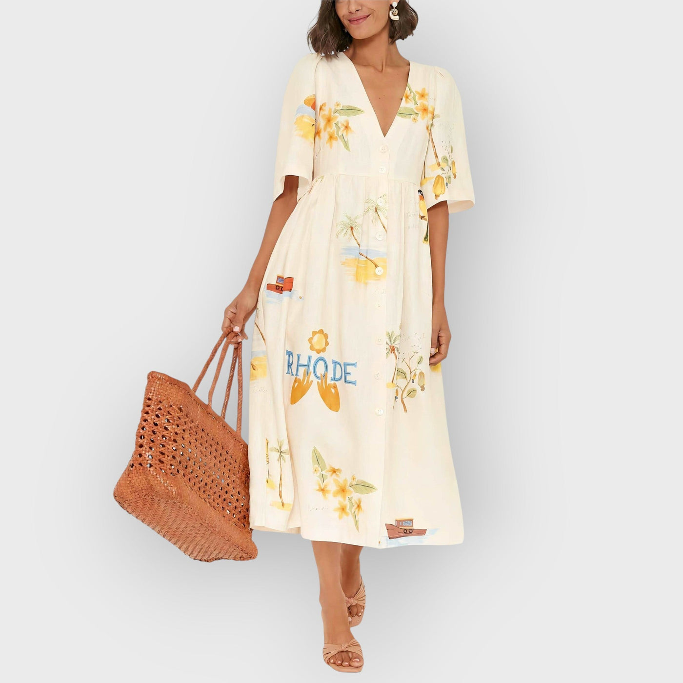 Unique Holiday Folk Floral Print Puff Sleeve Midi Dress